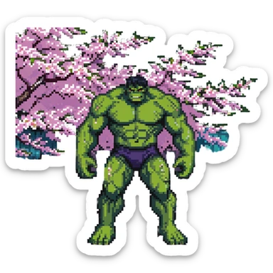 the Hulk standing in a Japanese city with cherry blossoms and neon signs sticker