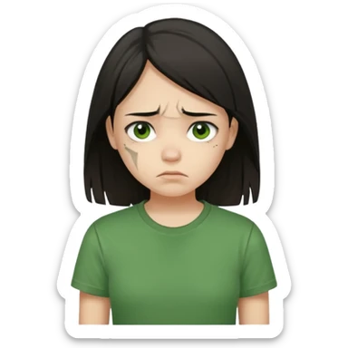 Young girl with straight, dark hair, damaged and unattractive, wearing a green T-shirt, with a sad and subdued expression. sticker