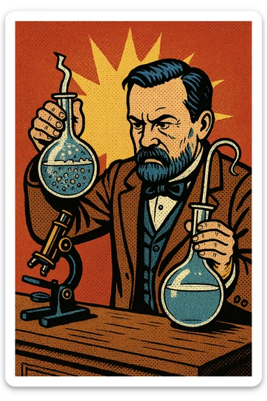 A victorian scientist like Louis Pasteur experimenting with two glass swan neck flasks.  One of the flasks has a broken top and contains lot of bacteria in water.  The other flask is sealed and contained clear water.  There is also a microscope on Pasteur's desk. sticker