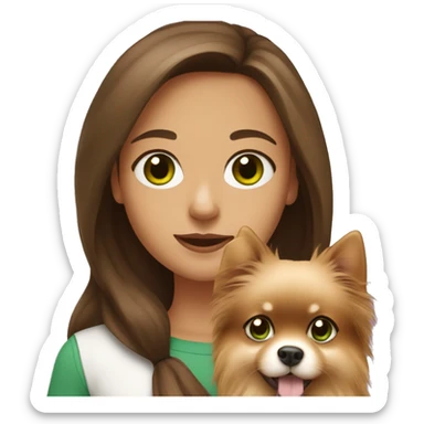 Girl with long brown hair and green eyes holding a Pomeranian dog sticker