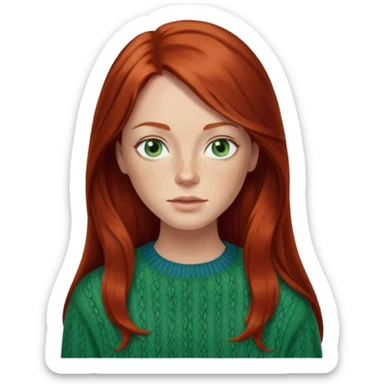 woman with long dark auburn red hair that is mostly straight but has slight waves to it. grey blue eyes. some freckles. wearing a Swedish style sweater that is green.  sticker
