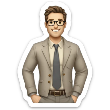 Joyful Pale skinned Fit Man With dark brown hair in gray jacket, beige office shirt, Brown pants and vintage glasses. His thrumbs up sticker