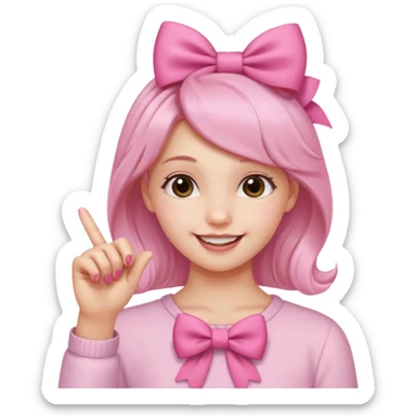 Chica sonriendo con un lazo rosa en la cabeza y mordiendose la punta del dedo indice con delicadeza y la otra mano que no salga sticker