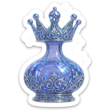 modernus prabangus eliksyro buteliukas, karūnėlės forma, spalva #7986cb, išraiškingi holografiniai ir sidabriniai filigranai, kristalo švytėjimas, žėrintys magiški efektai, šviesos lūžiai, labai mažas kaklelis, ornamentuota, gražiai užapvalinta ir vientisa apačia, skaidrus fonas, be šešėlio, aiškiai plūduriuoja ore, nestovi, kolekcijos stilius, maksimaliai gražus sticker