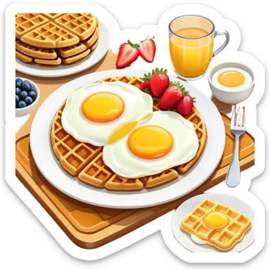 Brunch spread with waffles, eggs, and fruit on a table sticker