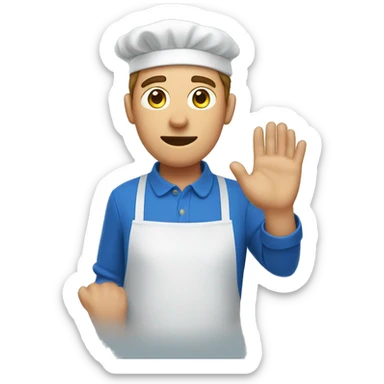 a guy in a blue apron covers his face with his hand sticker