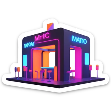 3D festival booth, neon lights, modern design, sleek and futuristic, vibrant crowd sticker