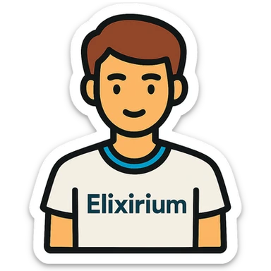 young man wearing white t-shirt with the word 'Elixirium' written on the t-shirt, colorful outline icon style sticker