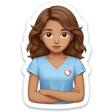 Uma menina de cabelos castanha andulado,de olhos castanha,cor da pele parda com uma blusa azul bebê inscrito "I love myself" sticker