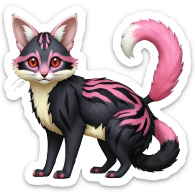 Hyper realistic  void-black fur haunted by crimson neon pulse-lines like living circuitry beautiful elegant pretty precious cute  Fakémon-Pokémon-opossum-feline-serval-caracal-chinchilla-Furret-Minccino-hybrid-creature with a big fluffy bushy tail (full body) sticker