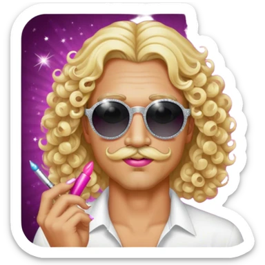 Man with long straight blonde hair, a curly blonde mustache, round sunglasses, add makeup and lipstick, make him look hot add sparkles and nail polish hot sticker