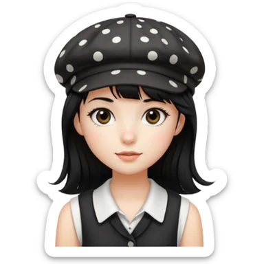 pinterst girl with heavy bang, black long strait hair and black pica dot newsboy cap on her hat, wearing white sleeveless  sticker
