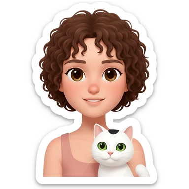 A girl with short, curly brown hair and dark brown eyes is holding a white cat with green eyes and a small black mark on the head. sticker
