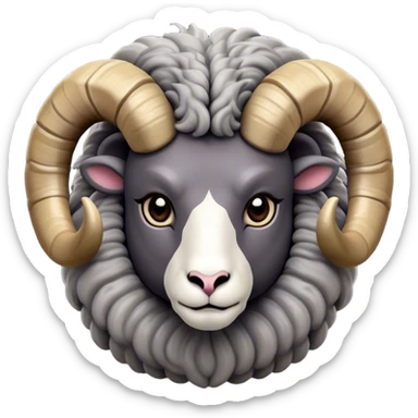 Cinematic Noble Ram Portrait Emoji, Poised and regal, with a sturdy, powerful build and a thick, woolly grey fur adorned with impressively curled horns, deep-set soulful dark eyes, Simplified yet sharp and sophisticated features, highly detailed, glowing with a soft, dignified glow, high shine, intelligent and commanding, stylized with an air of rugged majesty, focused and attentive, soft glowing outline, capturing the essence of a watchful and confident ram, so majestic it feels as though it could charge out of the screen with effortless authority! sticker