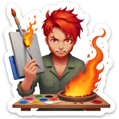 demon artist with wild fiery hair painting chaotic art in hellscape sticker