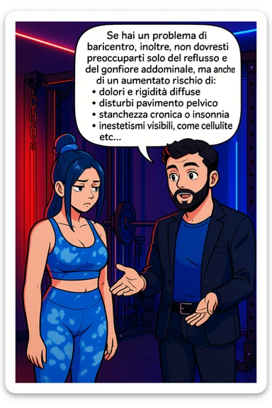 TRASFORMA QUESTO CAROSELLO IN UN FUMETTO STILE WEBTOON/MANGA A COLORI CON QUESTE DUE PERSONE IDENTICHE CHE INTERLOQUISCONO TRA LORO, L'uomo sta spiegando alla donna questo concetto:

Se hai un problema di baricentro, inoltre, non dovresti preoccuparti solo del reflusso e del gonfiore addominale, ma anche di un aumentato rischio di:
    • dolori e rigidità diffuse
    • disturbi pavimento pelvico
    • stanchezza cronica o insonnia
    • inestetismi visibili, come celluluite
    • etc… sticker