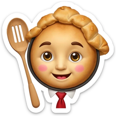 emoji style, happy fried empanada with face, big sparkling eyes, blushing cheeks, two buck teeth, red necktie, holding spatula, thick black outline, golden brown color, very cute and wholesome, transparent background sticker