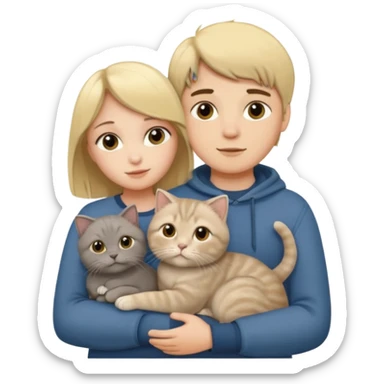 Blonde girl and brunette boy hugging one grey scottish fold cat sticker