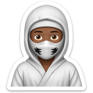 All white ninja robe with no black with white ski mask to cover face and neck with a hoodie on and dark brown skin color sticker
