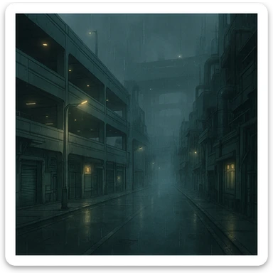 a dark, drab industrial street, dim lights, thick fog and rain. no cars. parking structure. pre-twilight gray. dystopian futurepunk, but the streets are clean, massive structure, very futuristic sticker