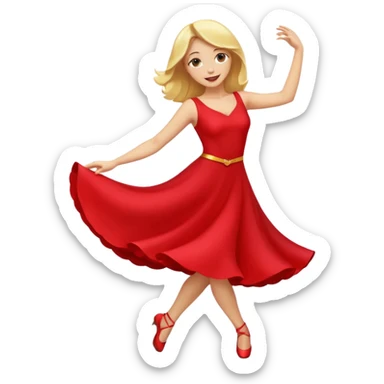 a yellow-blonde woman dancing wearing a red dress, in flat emoji / Apple style, smooth shapes, glossy highlights, bright saturated colors, simple features, minimal details, no outlines, red clothes flowing, joyful pose
 sticker