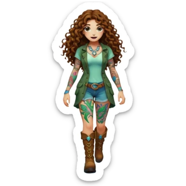 full body view of a woman with long curly brown hair, brown eyes, white skin, tattoos, walking forward through psychedelic fog, glowing vines wrapping around her boots sticker