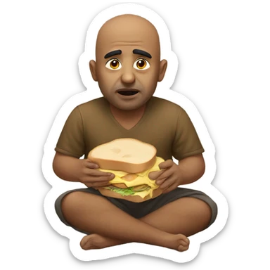 an indian guy, eating a sandwich, and crying, and he's short, dwarf, with eggs on his bald heap sticker