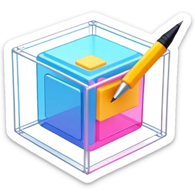 Create an emoji for 3D visualization and modeling. Show a 3D wireframe model or shape (e.g., a cube or sphere) with a design tool like a stylus and 3D rendering software interface. Use modern, professional colors. Do not include any emojis or smiley faces. Make the background transparent. sticker