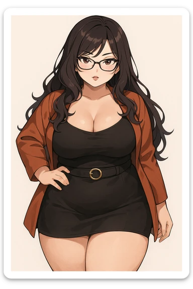 plus size anime girl with glasses, sultry look, long hair, fashionable outfit, confident and attractive sticker