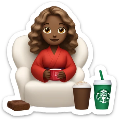 a girl with light brown hair and a beautiful dyson hairstyle is sitting in a red silk robe with her eyes closed and with a white Starbucks cup with cocoa at her mouth and drinking sticker