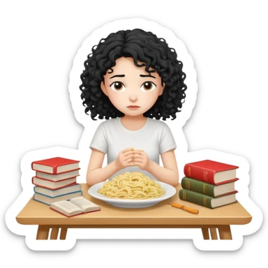 generate a pretty bratz fair skinned girl with curly black hair wearing a white tshirt sitting on a table with noodles and books. looking sleepy and tired and sad sticker