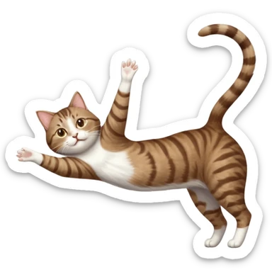brown tabby and white cat with doing a big extremely long stretch reaching up into the air with arms and legs side by side together straight and overextended whilst lying on its side sticker