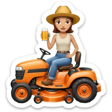 White woman with brown hair, without glasses wearing a straw hat, on old orange ride on lawn mower, holding a beer with one hand and holding the steering wheel with the other hand. Woman is smiling.  sticker