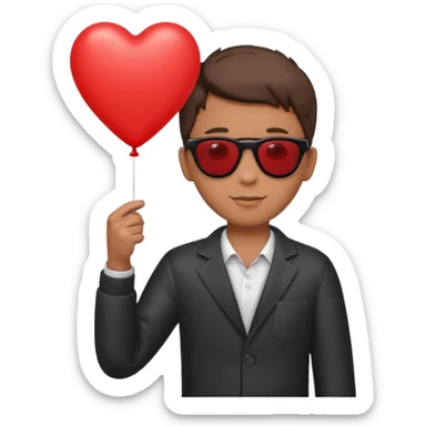 boy with sun glasses holding red heart balloon sticker