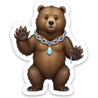 Complete view of serious grizzly bear on four paws, dark brown fur, whole body shown from head to tail, thick ice chain collar sticker