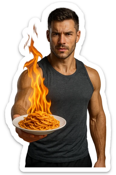 uomo fitness che tiene in mano un piatto di pasta con una fiamma sopra come se stesse simbolicamente bruciando le kcal della pasta, iperrealistico 4k sticker