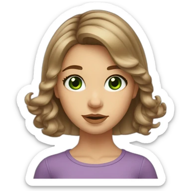 Young girl, green eyes, medium length hair, light brown at the root, light tips. Big bow lips, upturned neat nose sticker