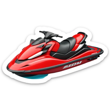 jet ski (red black and white all in the same amount. maybe a red a bit more dominant) on the sea. show the sea under the jet ski - blue with turquoise. no sky - white background instead. DO NOT REMOVE THE SEA AND THE WHITE WHEN FINALIZING!  NO ONE ON THE JET SKI  sticker