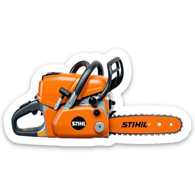 Kettensäge vom STIHL mit grauem Gehäuse, orangenem Deckel und schwarzen Griffen, die Schiene ist Grau mit Kette, seitlich ist das STIHL Logo in weißer Schrift in einem orangenem Kreis platziert sticker
