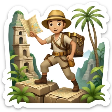 An icon featuring an adventurer in a dynamic action pose, with treasure maps, ancient ruins, and jungle landscapes in the background. The design includes clues, hidden passages, and climbing gear, symbolizing the thrill of exploration and discovery. Transparent background. sticker