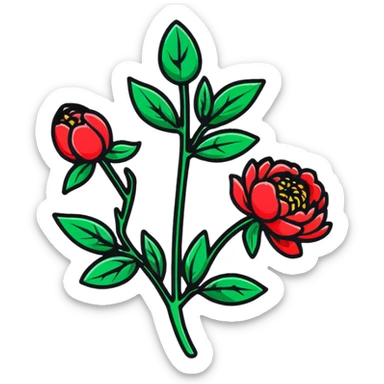 A single red peony flower with green leaves sticker