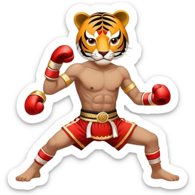 A fierce Muay Thai fighter wearing traditional mongkhon headband and elbow/knee wraps, in fighting stance with a tiger-like intensity, compact and stylized, with gold and red accents sticker