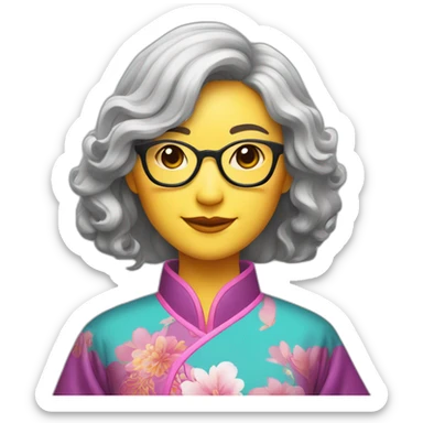 Chinese lady with like Lai gray hair wavy hair to the shoulder length where Chinese dress colourful dress wear glasses sticker