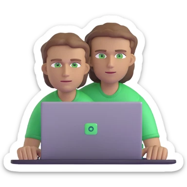 man with light brown hair and green eyes sitting in front of a laptop sticker