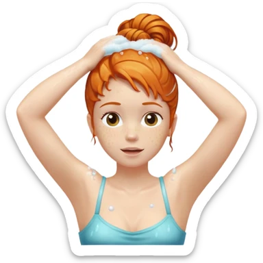 Ginger girl hair up arms up hands on head shower washing hair soapy bubbles sticker