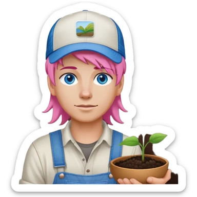 Young White farmer with pink hair and blue eyes planting seeds with a trucker hat sticker