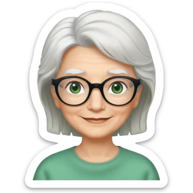 White hair grandma, green eyes, hair to shoulder, lokeg black glasses, rectangles face, smile , sticker
