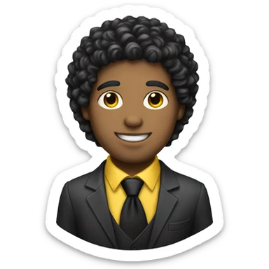 White man with black curly hair, wearing a yellow tie holding a cat sticker