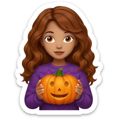 Cozy mixed girl with long wavy brown hair dressed for fall holding a pumpkin  sticker