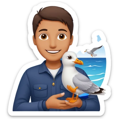 Minimalist emoji-style illustration of a smiling photographer holding a seagull in their hands. Simplified, clean lines, vibrant colors, small size, white background sticker
